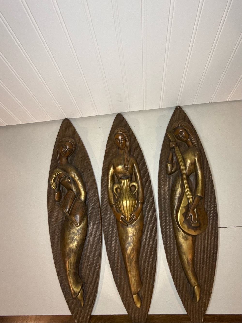 Vintage MCM Chalkware Plaques - 3 Muses - Art Literature, Music - 22" w/Gold Det